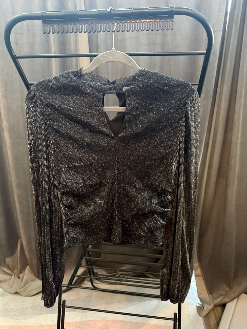 Metallic Black Long-Sleeve Keyhole Blouse